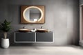 Chic Bathroom Interior: Gray and Brown Walls, Black Countertop, Mirror, Plants, and Parquet Floor. Royalty Free Stock Photo