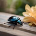 A chic beetle in fashionable accessories, posing for a portrait in a garden setting2