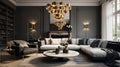 Chic black chandelier above couch in contemporary living room Royalty Free Stock Photo