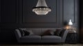 Chic black chandelier above couch in contemporary living room. blank empty dark room. generative ai Royalty Free Stock Photo
