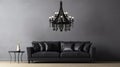 Chic black chandelier above couch in contemporary living room. blank empty dark room. generative ai Royalty Free Stock Photo