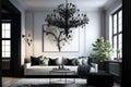 Chic black chandelier above couch in contemporary living room. Generative AI Royalty Free Stock Photo