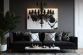Chic black chandelier above couch in contemporary living room. Generative AI Royalty Free Stock Photo