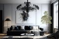 Chic black chandelier above couch in contemporary living room. Generative AI Royalty Free Stock Photo