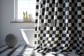 Chic black and white checkered gauze shower curtain in the bathroom. Photorealistic shot generated by AI Royalty Free Stock Photo