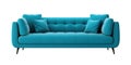 Chic blue sofa with tufted backrest and plush cushions, stylishly perched on slender wooden legs, isolated on a white