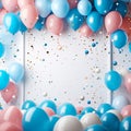 Chic border surrounded by sky hued balloons and scattered confetti