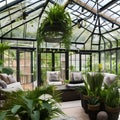 Chic Botanical Conservatory: A stylish conservatory with lush botanicals, rattan furniture, and a glass roof for plenty of sunli