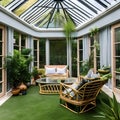 Chic Botanical Conservatory: A stylish conservatory with lush botanicals, rattan furniture, and a glass roof for plenty of sunli