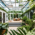 Chic Botanical Conservatory: A stylish conservatory with lush botanicals, rattan furniture, and a glass roof for plenty of sunli