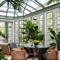 Chic Botanical Conservatory: A stylish conservatory with lush botanicals, rattan furniture, and a glass roof for plenty of sunli