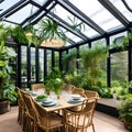 Chic Botanical Conservatory: A stylish conservatory with lush botanicals, rattan furniture, and a glass roof for plenty of sunli