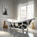 Chic Bovine Bliss: Modern Bathtub Adorned in Stylish Cow Pattern