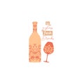 Chic burnt orange color of bottle and glass with angela and wine. Vector