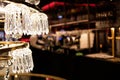 Chic classic crystal chandelier in the interior of a cafe, restaurant