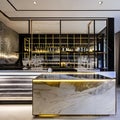 A chic cocktail bar with a mirrored back wall, a sleek marble counter, and a collection of crystal glassware3, Generative AI
