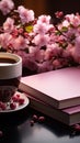 Chic composition, pink table adorned with notebook, flowers, and steaming coffee