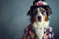 Chic Dog with Hat and Floral Shirt Portrait