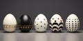 Chic Easter Elegance Showcased by Monochromatic Eggs with black and white and Golden Accents on a Contemporary Grey