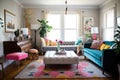 chic and eclectic home with mismatched furniture, vintage decor, and bright pops of color