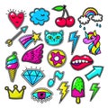 Chic fashion badges. Girl doodle applique patches and embroidered textile stickers