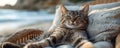 A chic feline lounging on a beach chair. Concept Animal Photography, Beach Day, Chic Style, Cat Relaxing, Sunny Poses