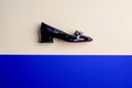 Chic female black patent leather shoe with low flare heel and front embellishment on a contrasting two-color background
