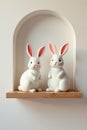 Chic floating shelf, delicate eggs, stylish bunnies , easter eggs, stylish decor Royalty Free Stock Photo