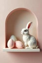 Chic floating shelf, delicate eggs, stylish bunnies , floating, rabbit Royalty Free Stock Photo