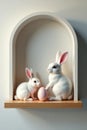 Chic floating shelf, delicate eggs, stylish bunnies , white, modern, interior Royalty Free Stock Photo