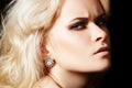 Chic frown model with diamond jewelry, blond hair Royalty Free Stock Photo