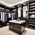 A chic and functional walk-in closet with custom shelves, a vanity area, and stylish lighting4, Generative AI