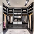 A chic and functional walk-in closet with custom shelving, a vanity area, and elegant lighting fixtures5, Generative AI
