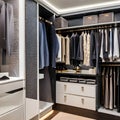 A chic and functional walk-in closet with custom shelving, a vanity area, and elegant lighting fixtures3, Generative AI