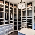 A chic and functional walk-in closet with custom shelving, a vanity area, and elegant lighting fixtures2, Generative AI