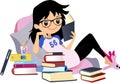 Chic Girl reading a book. Cute Vector clip art Woman black hair with glasses.