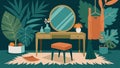A chic and gl dressing room with a vanity table a velvet bench and a tropical leafpatterned rug.. Royalty Free Stock Photo