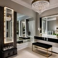 A chic and glamorous dressing room with a mirrored vanity table, a chandelier, and a walk-in closet1, Generative AI