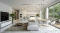 Chic Harmony - Exquisite open-plan area with a luxurious white kitchen, dining, and living space Royalty Free Stock Photo