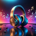 Chic headphones with a polished design, set against a vibrant backdrop with floating musical notes Royalty Free Stock Photo