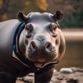 A chic hippopotamus in fashionable clothing, posing for a portrait by the riverbank3