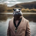 A chic hippopotamus in fashionable clothing, posing for a portrait by the riverbank2