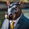 A chic hippopotamus in fashionable clothing, posing for a portrait by the riverbank1