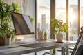 Chic home office with daylight, minimalist desk, comfy chair, supplies, and a touch of greenery Royalty Free Stock Photo