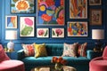 Chic interior with a plush blue sofa and eclectic wall art creating a cozy yet modern living space