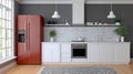 Chic Kitchen Design with Bold Red Refrigerator and Sleek White Cabinets for a Modern Home Aesthetic Royalty Free Stock Photo