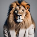 A chic lion in fashionable attire, posing for a portrait with a regal and commanding presence3