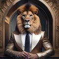 A chic lion in fashionable attire, posing for a portrait with a regal and commanding presence1
