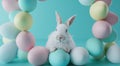 a chic little rabbit in a circle of colored eggs set against a blue background