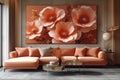 Chic Living Room with Coral Sofa and Coordinating Poppy Wall Canvas